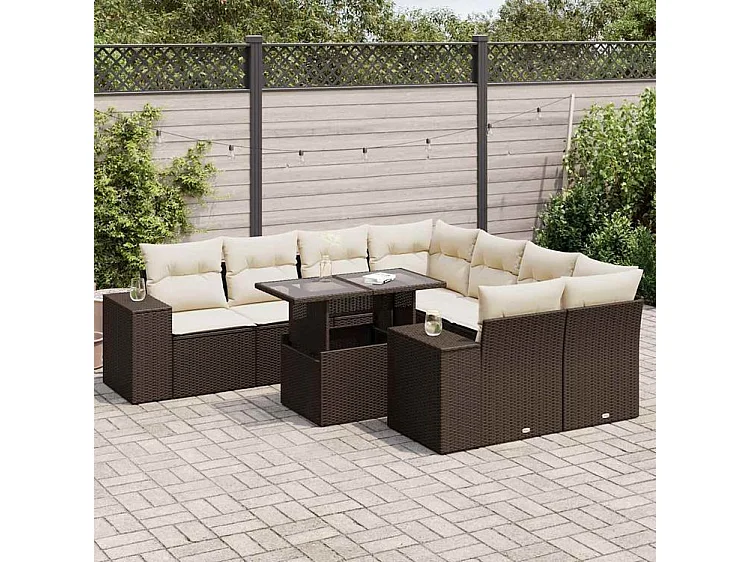 Salon de jardin avec coussins 9 pcs marron résine tressée