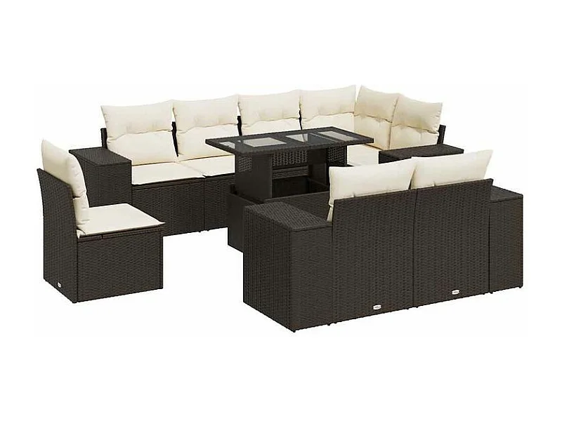Salon de jardin avec coussins 9 pcs marron résine tressée