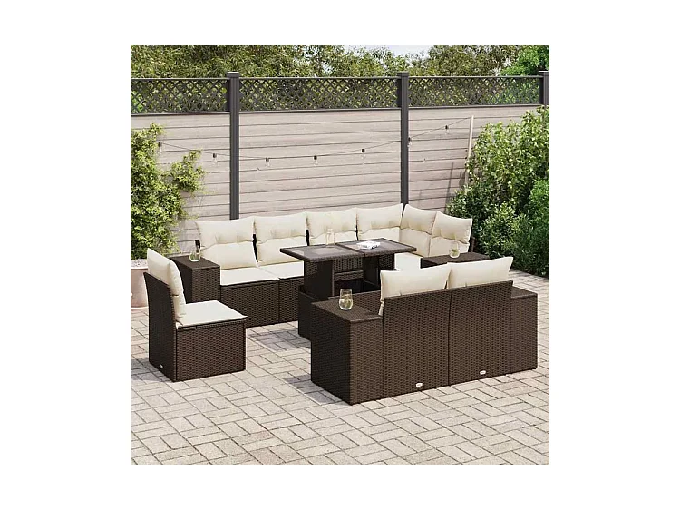 Salon de jardin avec coussins 9 pcs marron résine tressée