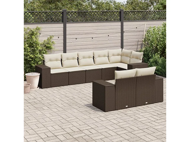 Salon de jardin 8 pcs avec coussins marron résine tressée