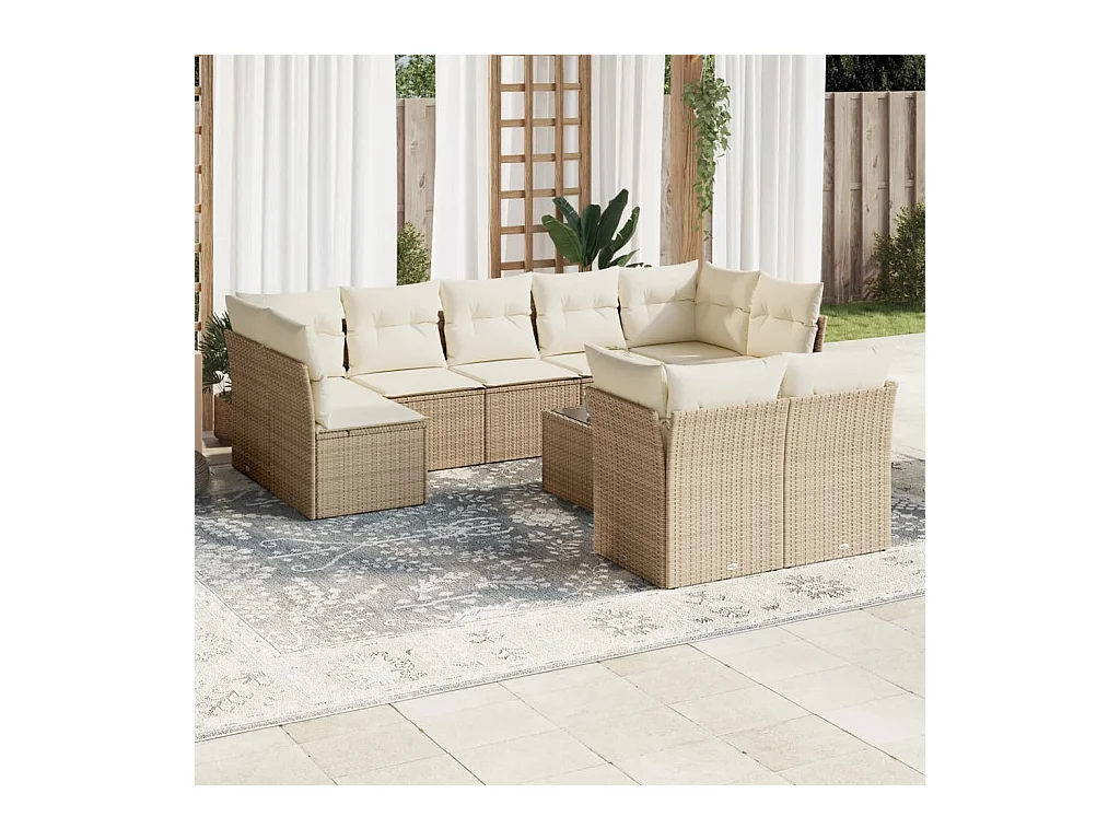 Salon de jardin avec coussins 10 pcs beige résine tressée
