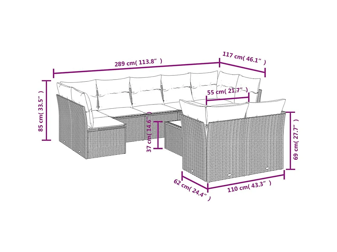 Salon de jardin avec coussins 10 pcs beige résine tressée