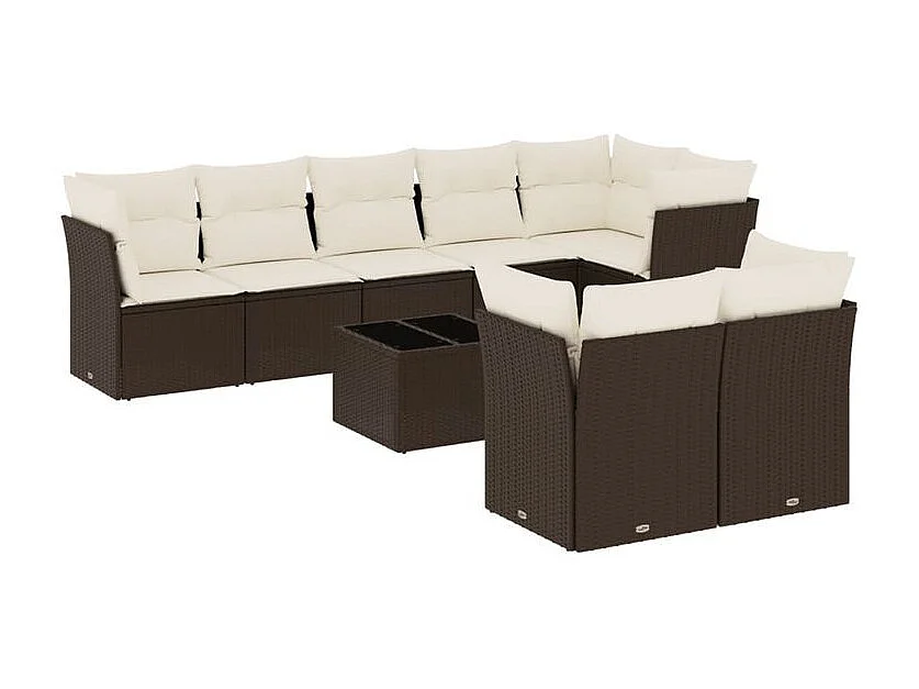 Salon de jardin avec coussins 9 pcs marron résine tressée