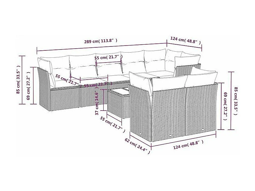 Salon de jardin avec coussins 9 pcs marron résine tressée