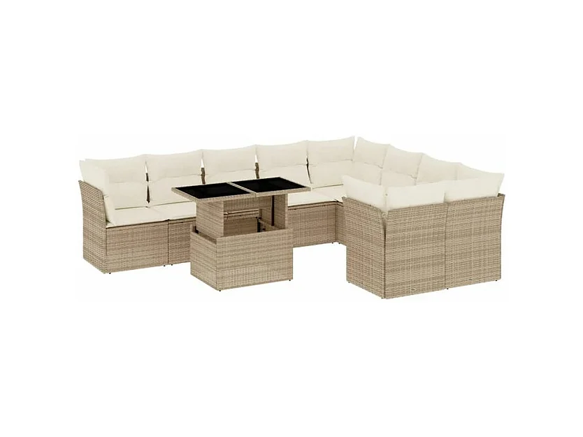 Salon de jardin avec coussins 10 pcs beige résine tressée
