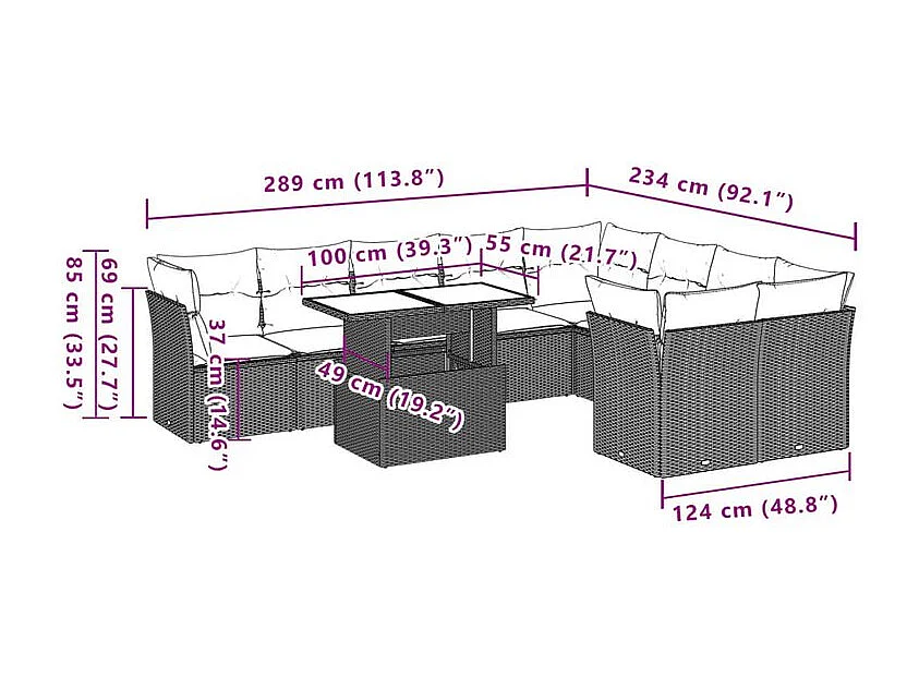 Salon de jardin avec coussins 10 pcs beige résine tressée