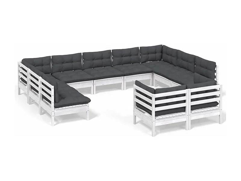 Salon de jardin 11 pcs avec coussins blanc bois de pin massif