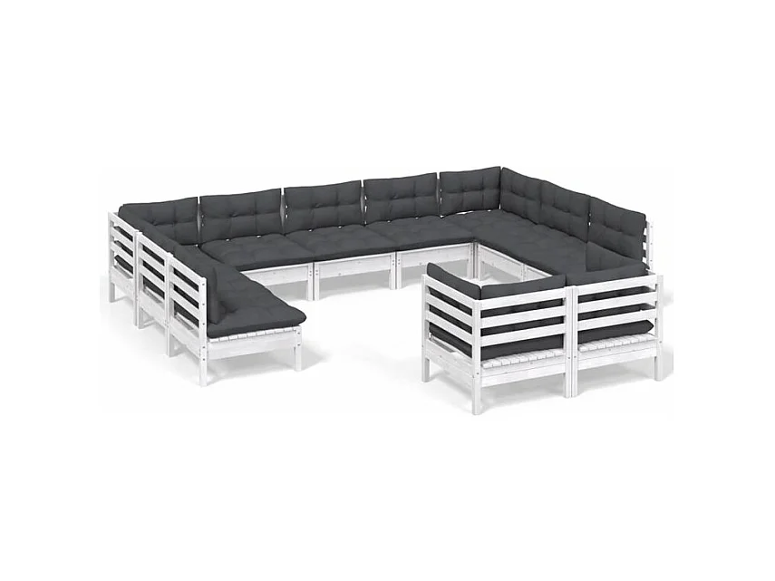 Salon de jardin 11 pcs avec coussins blanc bois de pin massif