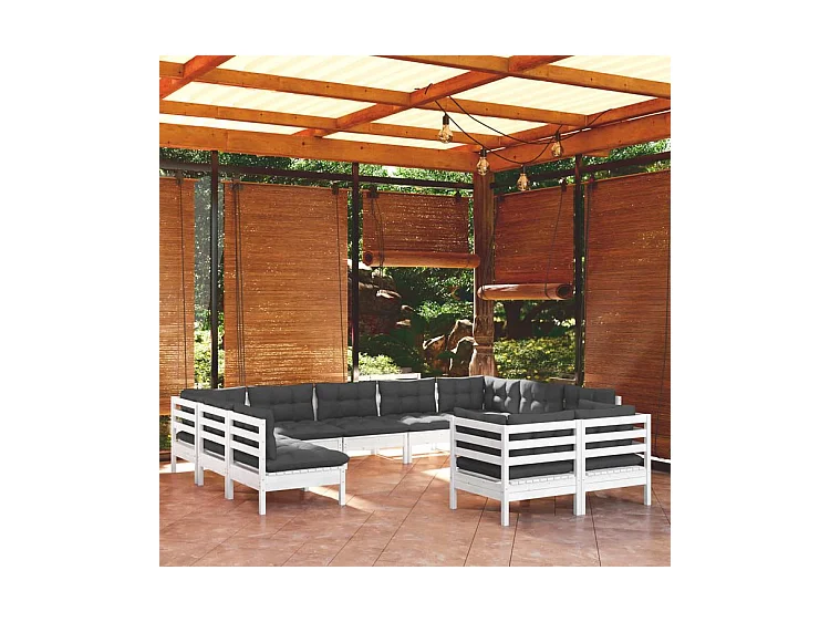Salon de jardin 11 pcs avec coussins blanc bois de pin massif