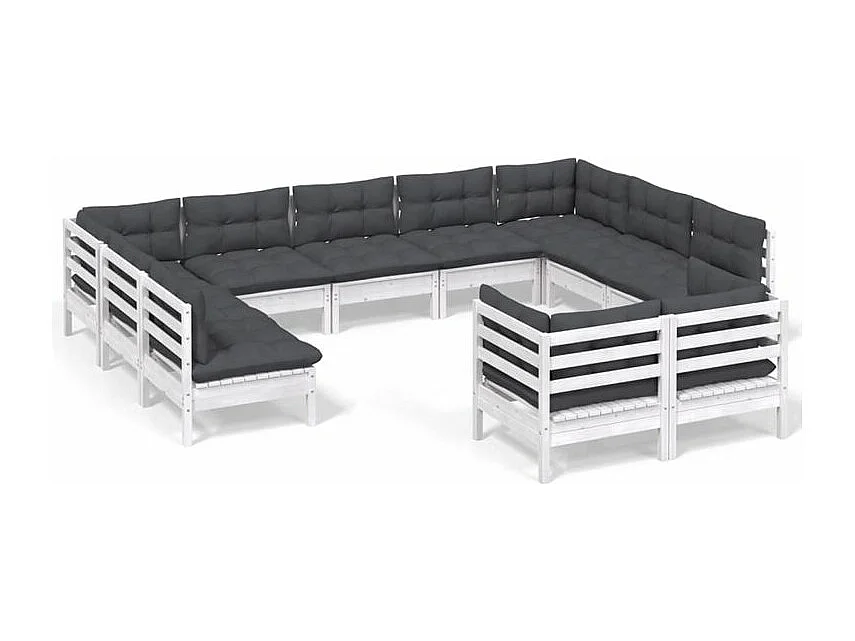 Salon de jardin 11 pcs avec coussins blanc bois de pin massif
