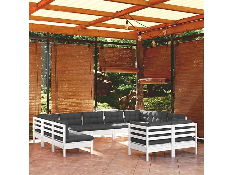 Salon de jardin 11 pcs avec coussins blanc bois de pin massif
