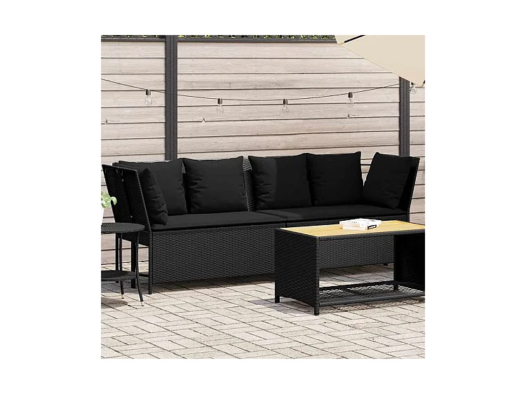 Canapé de jardin avec coussins Noir Résine tressée