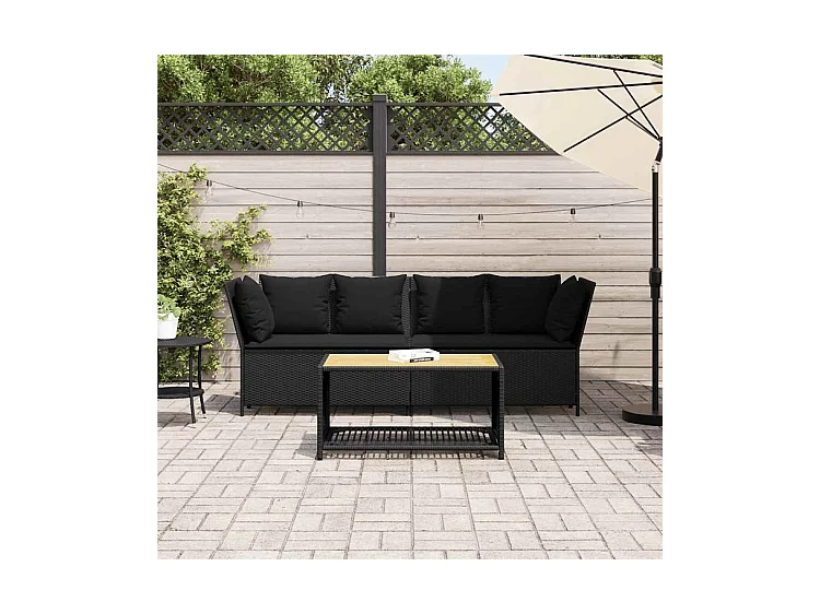 Canapé de jardin avec coussins Noir Résine tressée