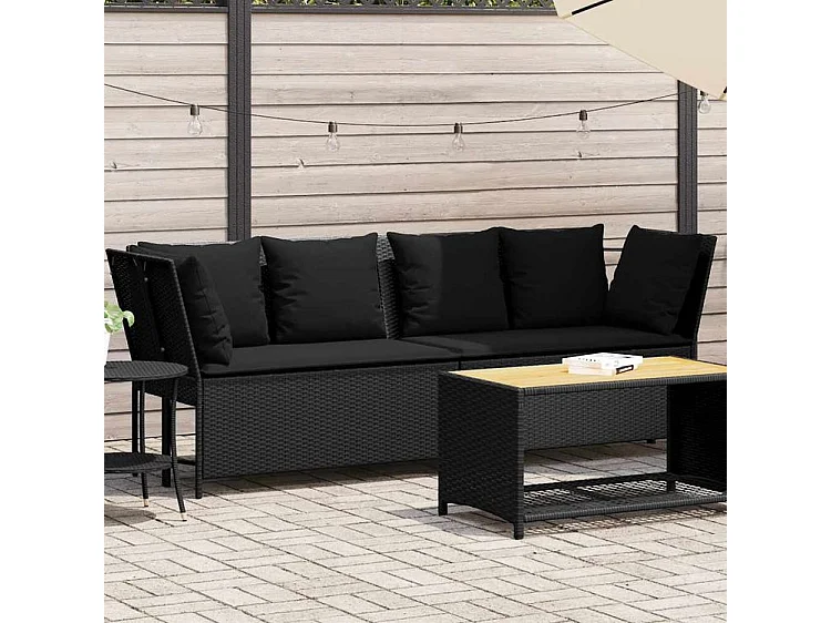 Canapé de jardin avec coussins Noir Résine tressée