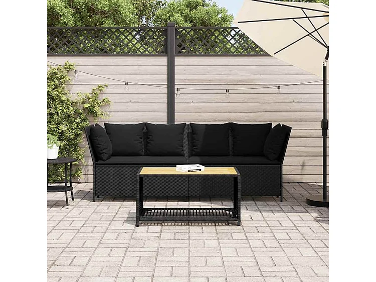 Canapé de jardin avec coussins Noir Résine tressée