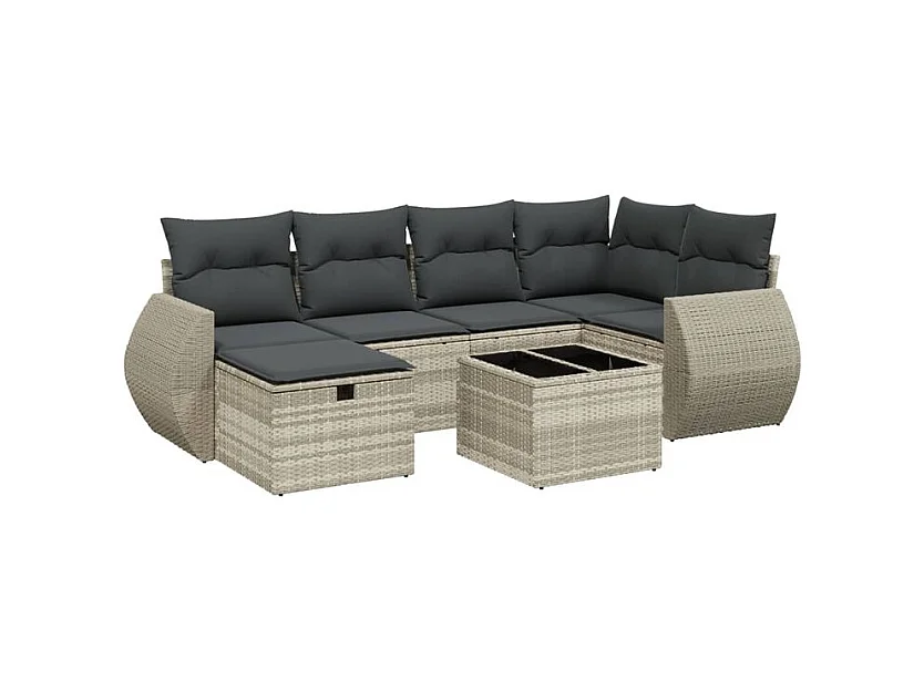 Salon de jardin avec coussins 7 pcs gris clair résine tressée