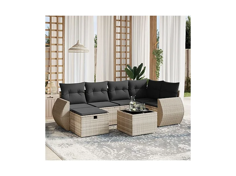 Salon de jardin avec coussins 7 pcs gris clair résine tressée