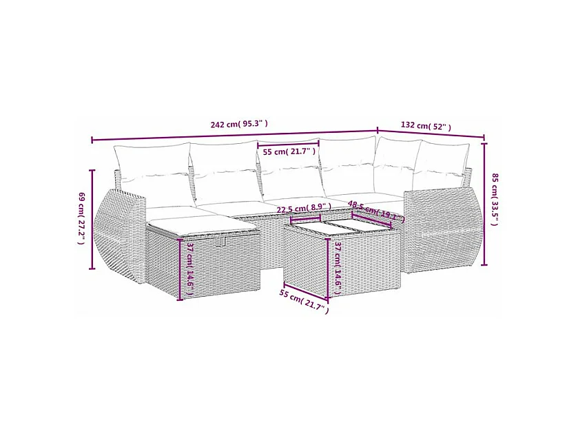 Salon de jardin avec coussins 7 pcs gris clair résine tressée