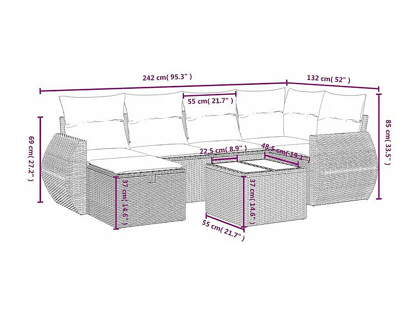 Salon de jardin avec coussins 7 pcs gris clair résine tressée