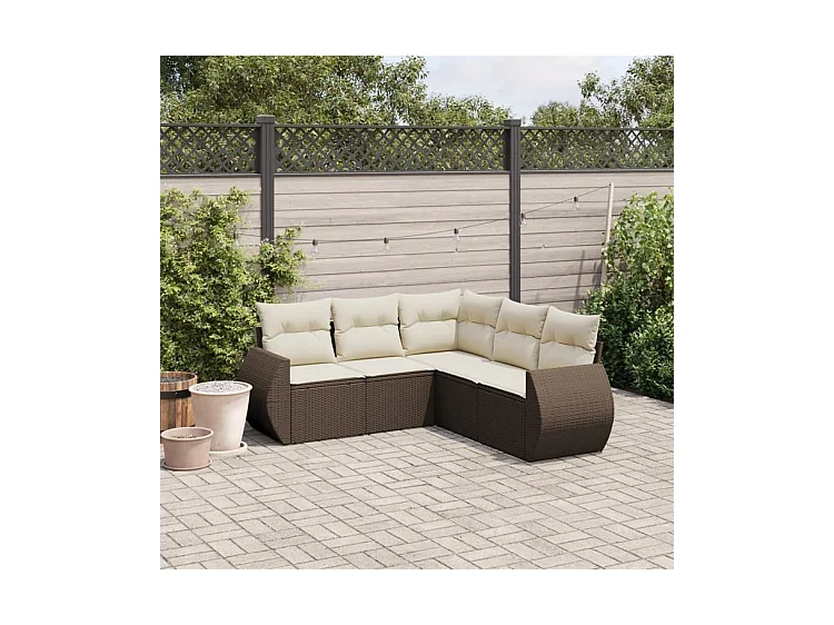 Salon de jardin avec coussins 5 pcs marron résine tressée