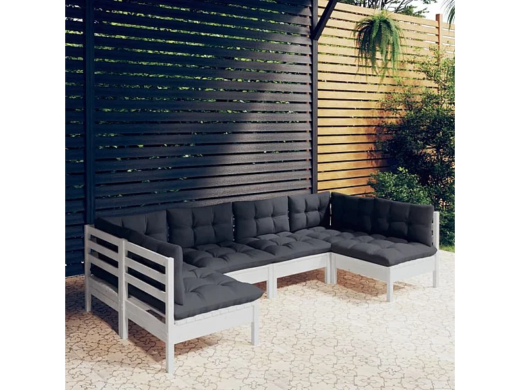 Salon de jardin 6 pcs avec coussins blanc bois de pin solide