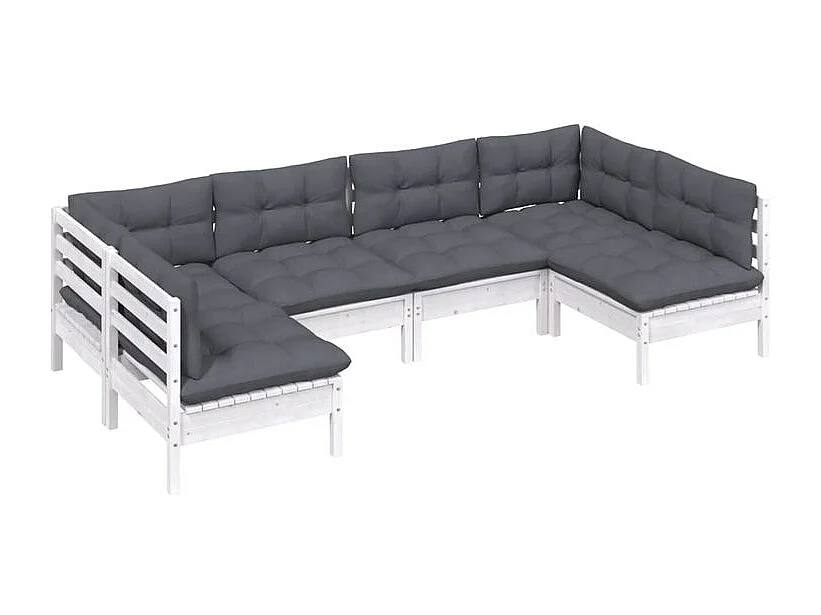 Salon de jardin 6 pcs avec coussins blanc bois de pin solide