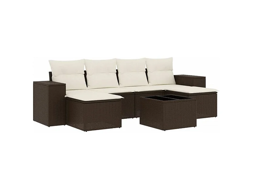 Salon de jardin avec coussins 7 pcs marron résine tressée