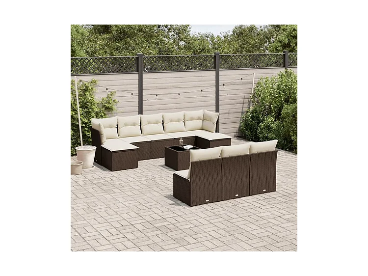 Salon de jardin et coussins 11 pcs marron résine tressée