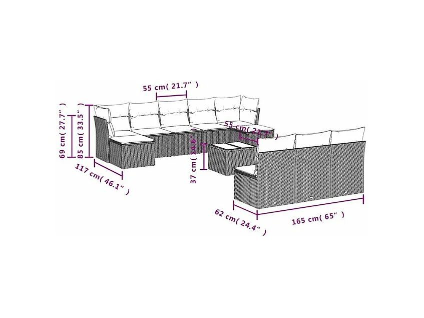Salon de jardin et coussins 11 pcs marron résine tressée
