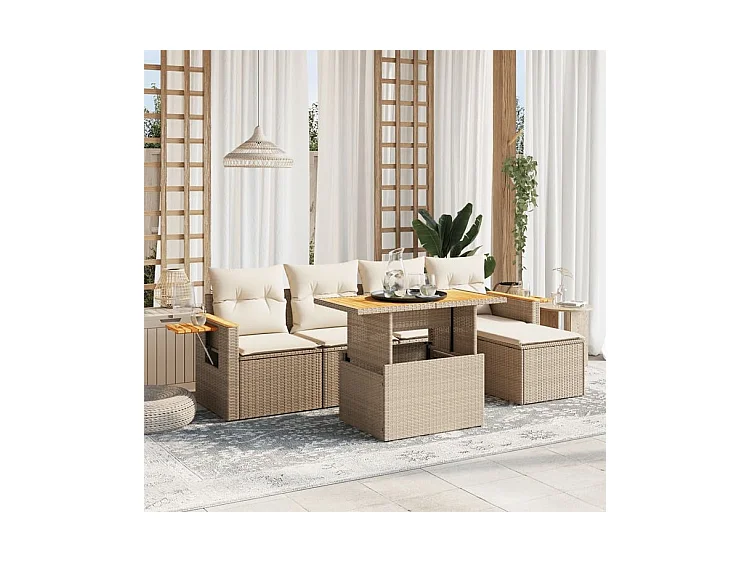 Salon de jardin avec coussins 6 pcs beige résine tressée