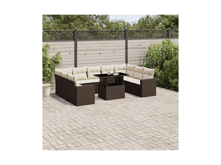 Salon de jardin 10 pcs avec coussins marron résine tressée