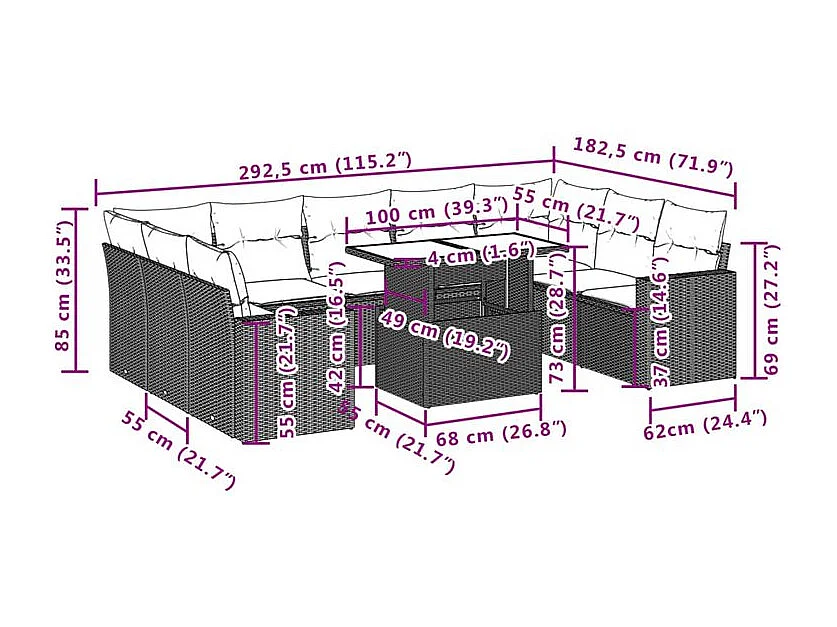 Salon de jardin 10 pcs avec coussins marron résine tressée