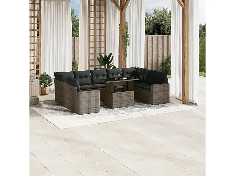Salon de jardin avec coussins 10 pcs gris résine tressée