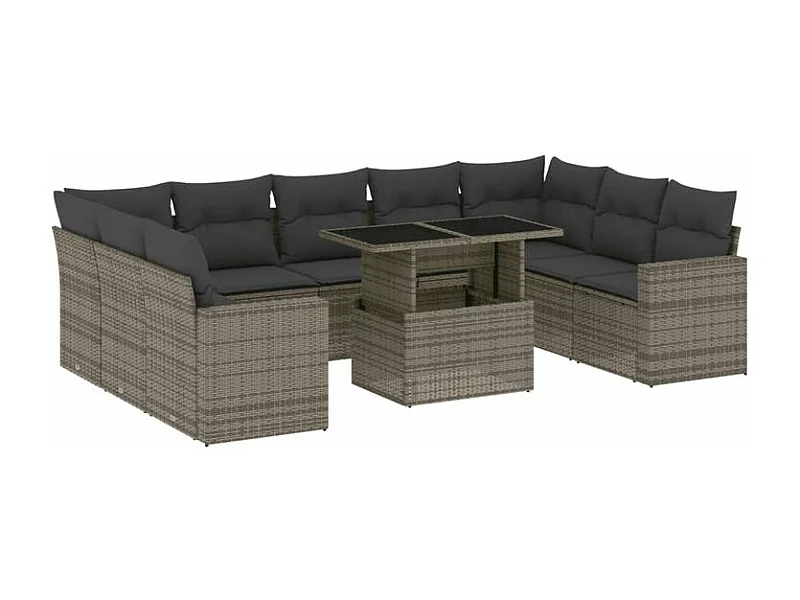 Salon de jardin avec coussins 10 pcs gris résine tressée