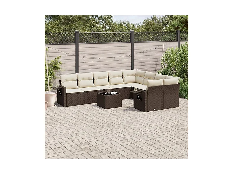 Salon de jardin 10 pcs avec coussins marron résine tressée