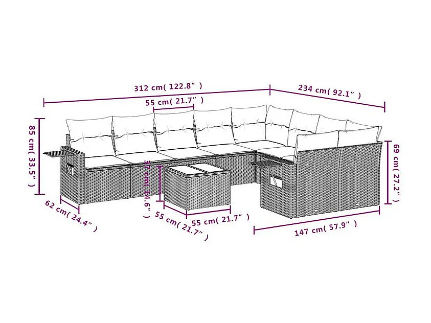 Salon de jardin 10 pcs avec coussins marron résine tressée