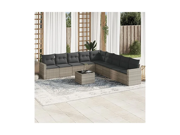 Salon de jardin avec coussins 10 pcs gris clair résine tressée