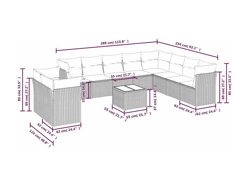 Salon de jardin et coussins 11 pcs marron résine tressée