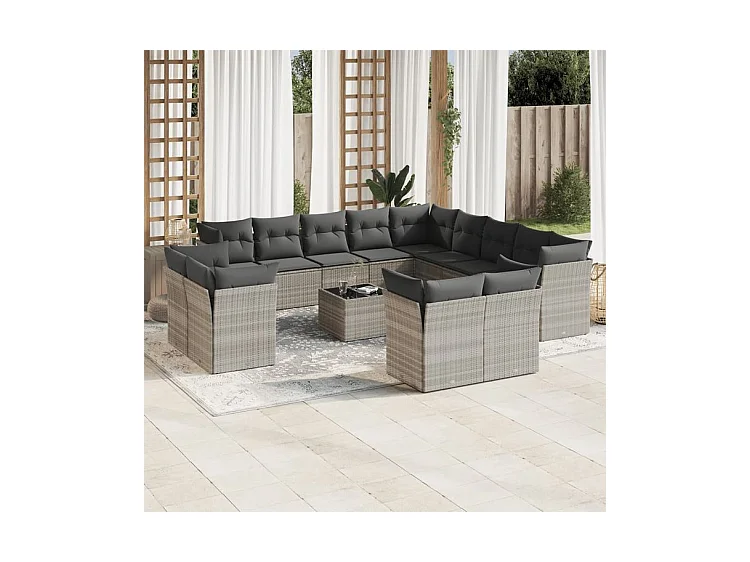 Salon de jardin avec coussins 14 pcs gris clair résine tressée