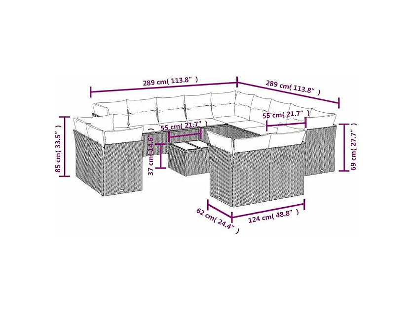 Salon de jardin avec coussins 14 pcs gris clair résine tressée