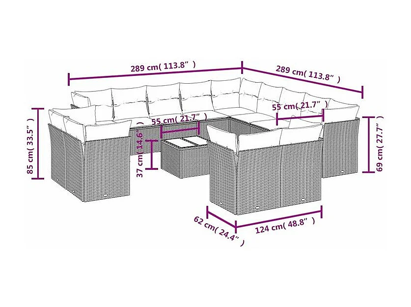 Salon de jardin avec coussins 14 pcs gris clair résine tressée