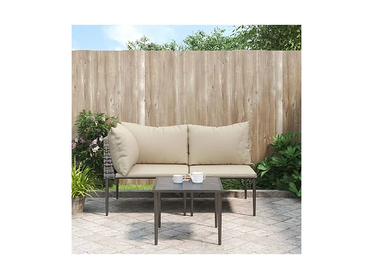 Salon de jardin 3 pcs avec coussins Gris Résine tressée