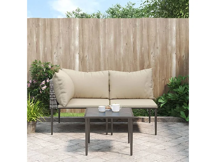 Salon de jardin 3 pcs avec coussins Gris Résine tressée