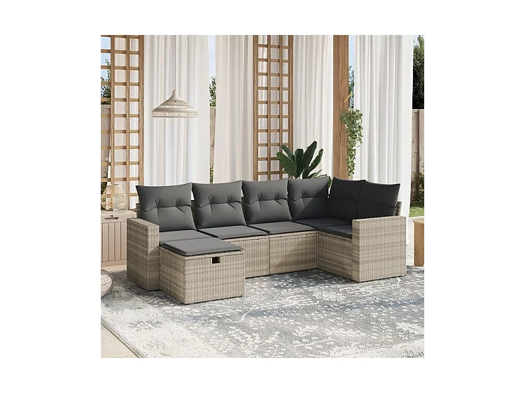 Salon de jardin 6 pcs avec coussins gris clair résine tressée