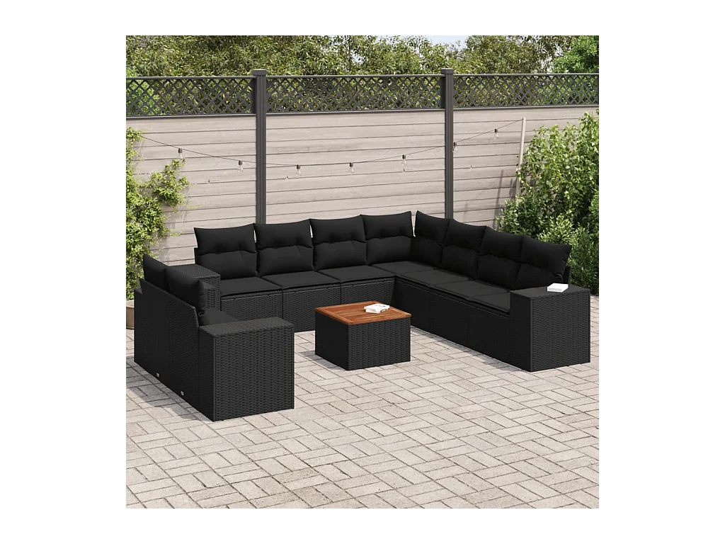 Salon de jardin 10 pcs avec coussins noir résine tressée