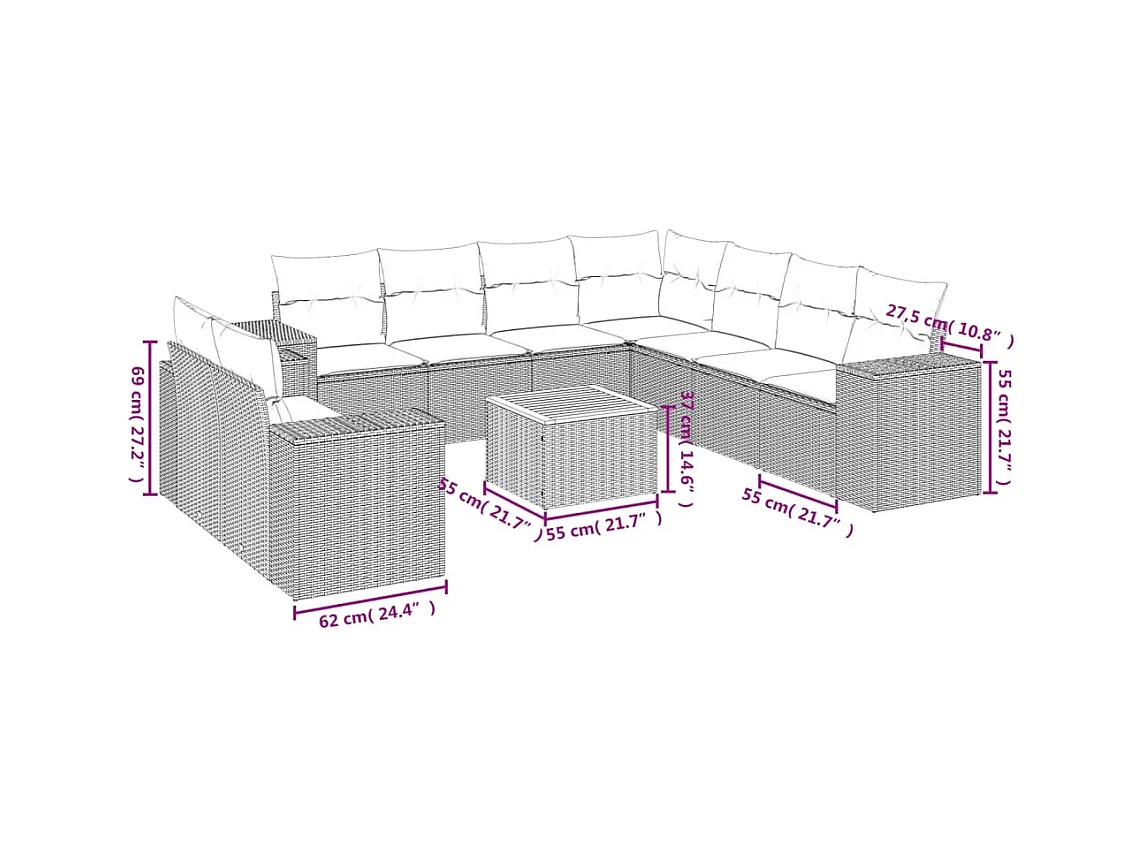 Salon de jardin 10 pcs avec coussins noir résine tressée