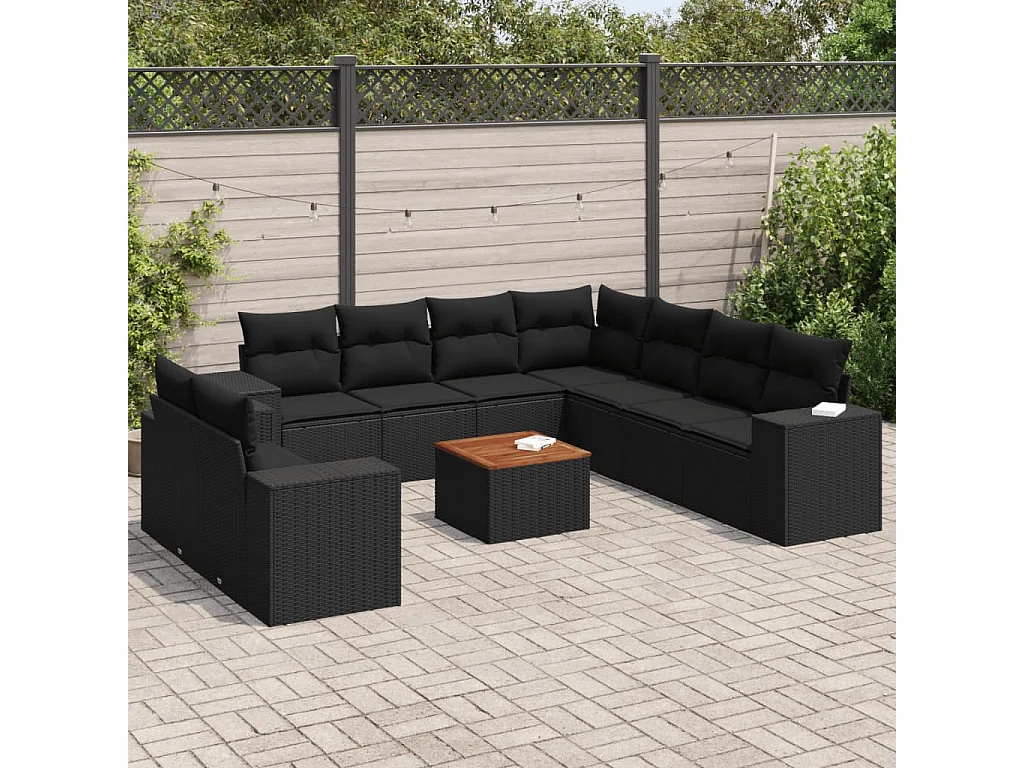 Salon de jardin 10 pcs avec coussins noir résine tressée