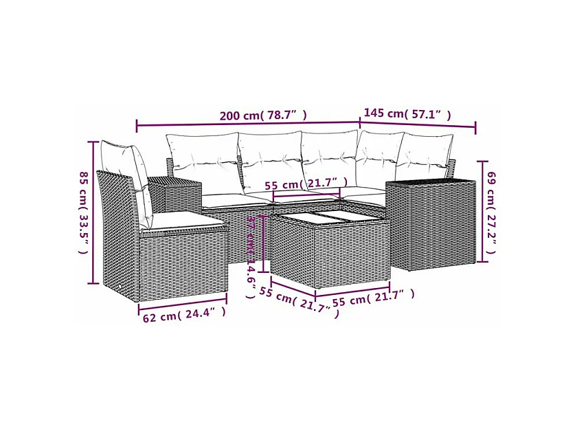 Salon de jardin avec coussins 6 pcs marron résine tressée