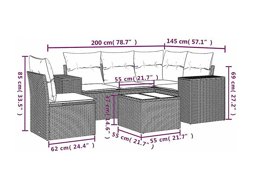 Salon de jardin avec coussins 6 pcs marron résine tressée