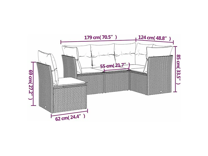 Salon de jardin 5 pcs avec coussins gris clair résine tressée